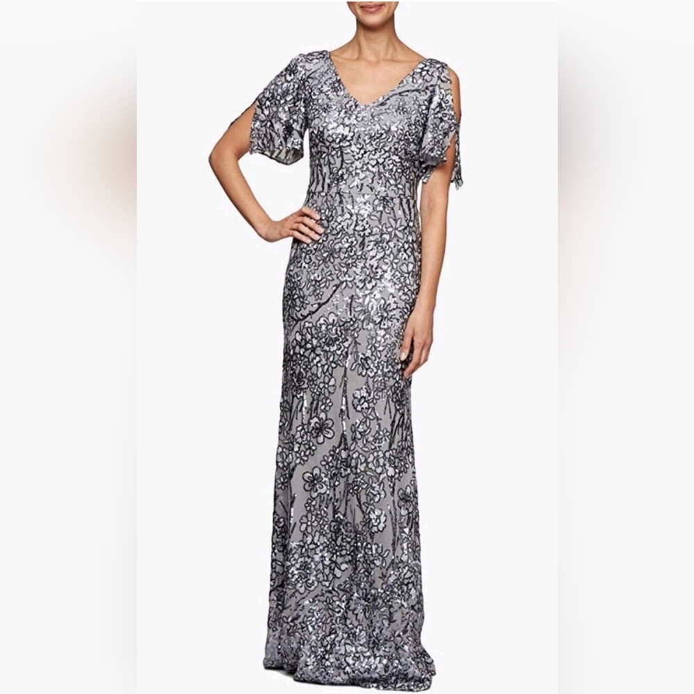 Alex Evenings Caroline Flutter Sleeve Sequin Gown Size 8P